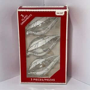 Holiday Time Silver and White 3 Glass Ornaments NIB